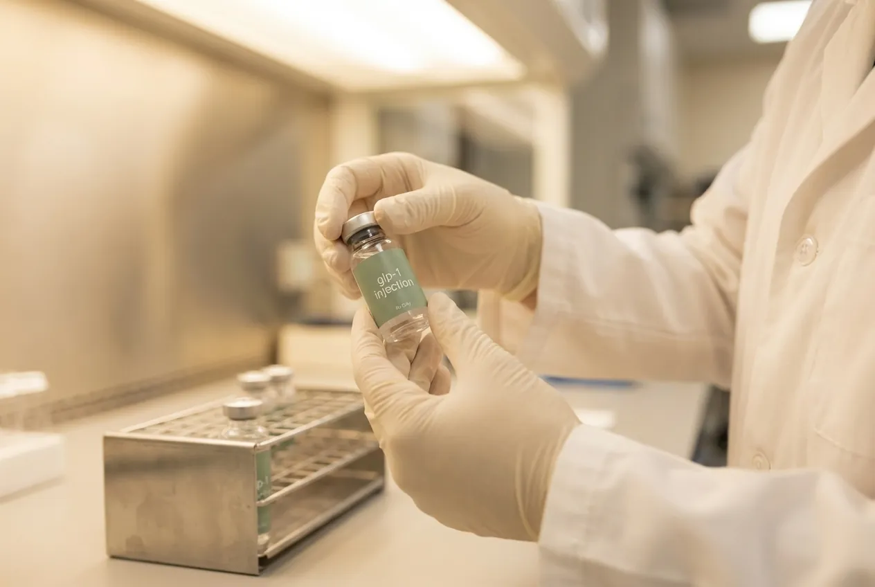 A pharmacist in a lab coat and gloves inspecting a nouri GLP-1 vial