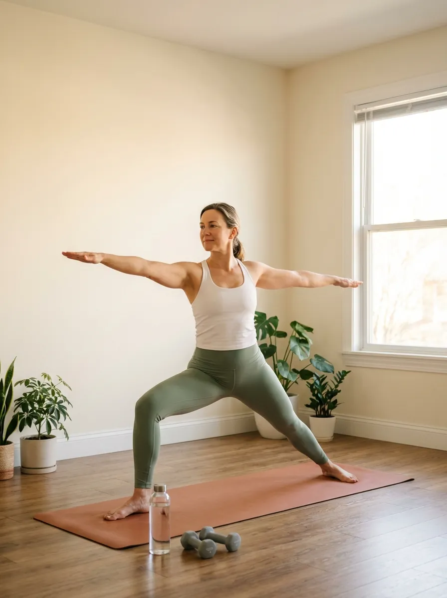 A woman holding a steady yoga pose on a mat at home in warm light