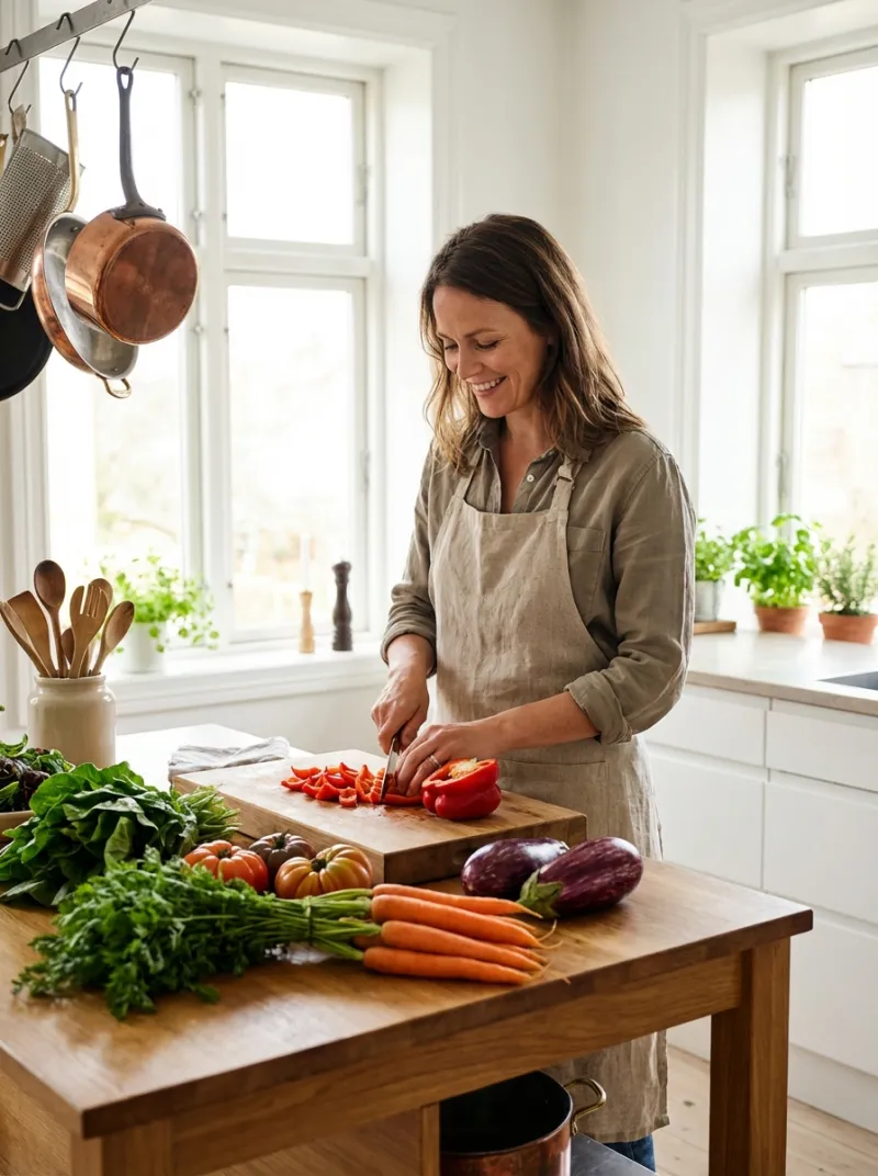A woman in a linen apron preparing fresh vegetables in a sunlit kitchen