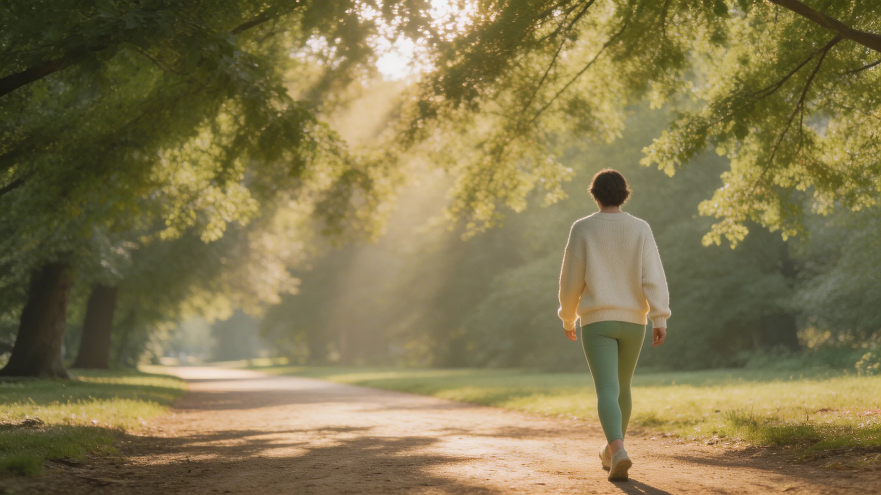A woman walking a sunlit, tree-lined path — clinician-guided GLP-1 care from Nouri