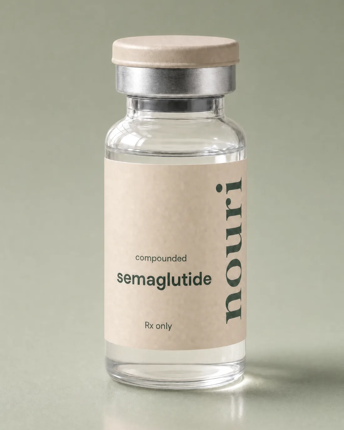 A nouri semaglutide vial, Rx only, on a soft sage-green background.