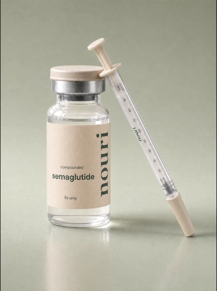 A Nouri vial of compounded semaglutide without insurance paperwork - just the vial and syringe on a sage-green surface.