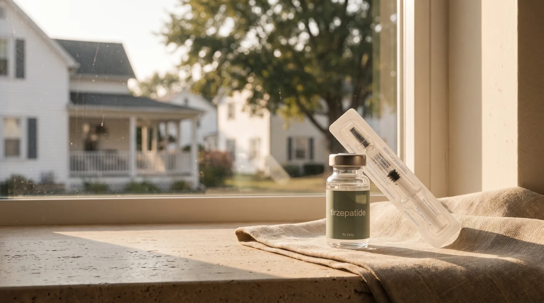 A tirzepatide vial and syringe on a sunlit windowsill with neighborhood homes outside - compounded tirzepatide near me, delivered to your door.