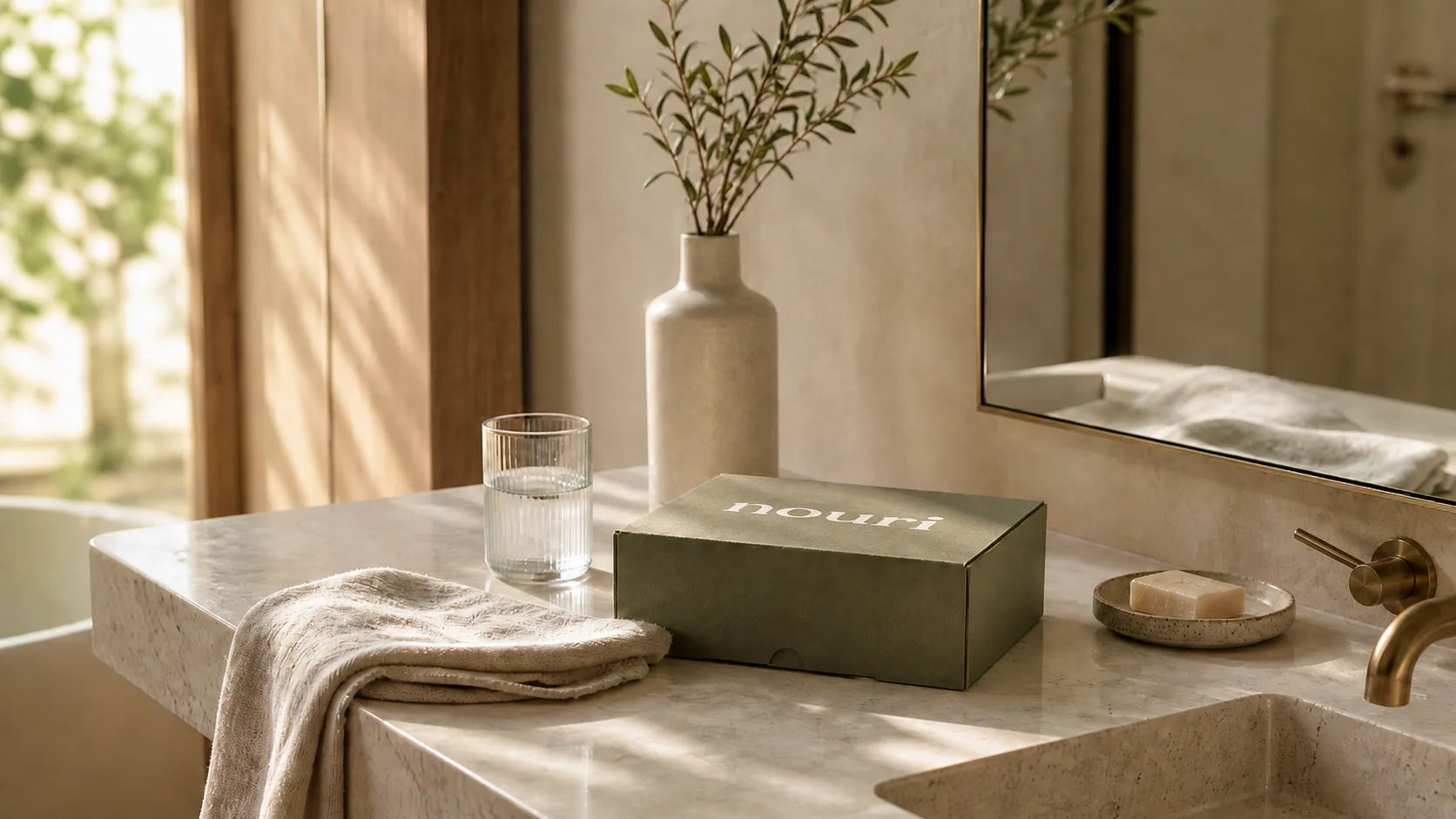 A Nouri box beside a glass of water, towel, and vase on a sunlit bathroom counter.