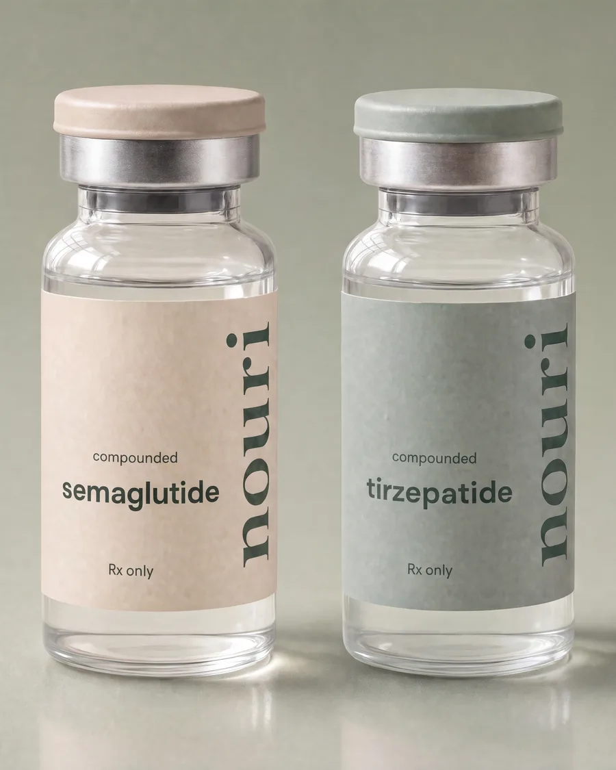 Nouri weight loss program — vials of compounded semaglutide and tirzepatide