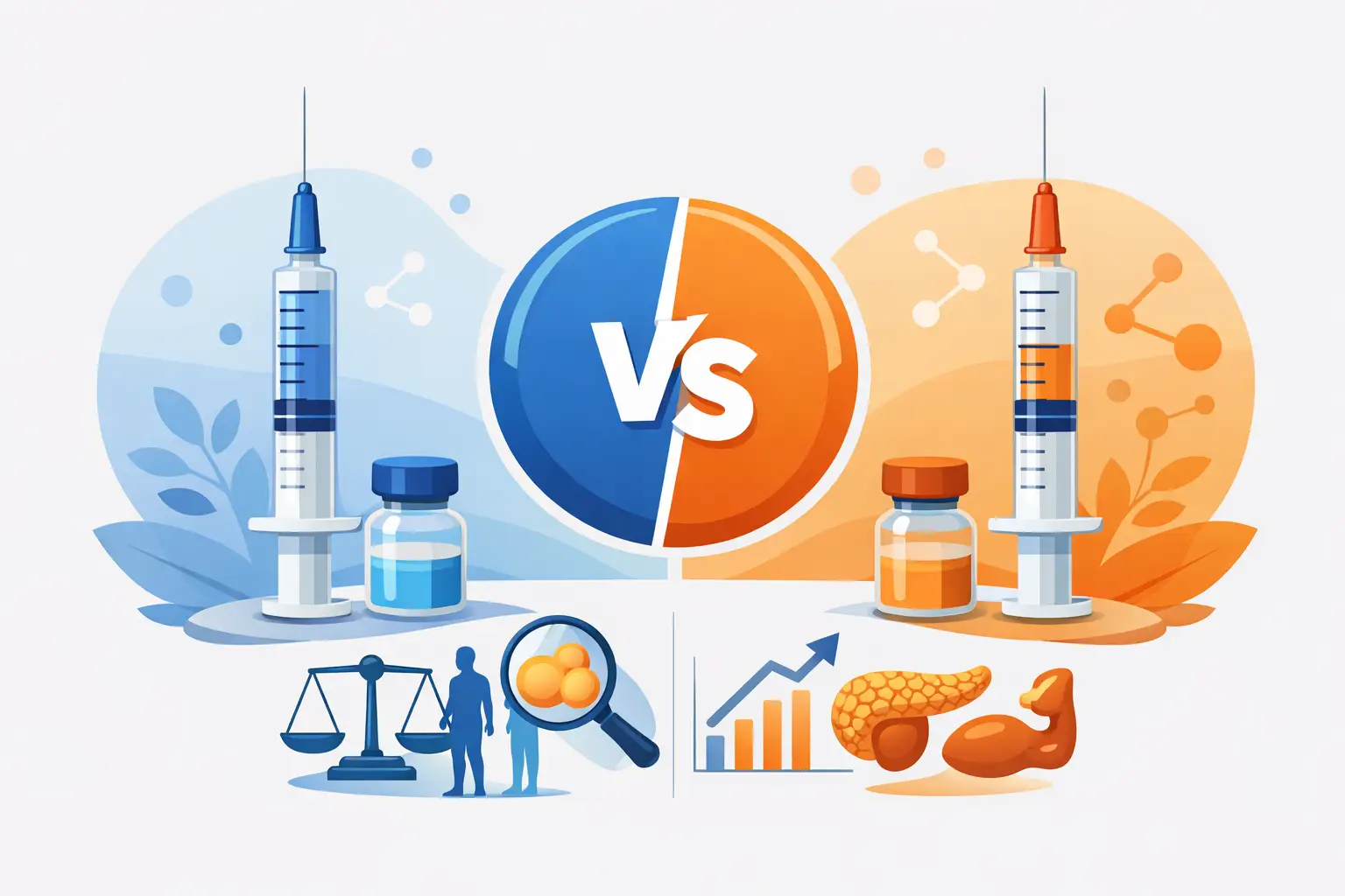 Compounded semaglutide vs tirzepatide: two syringes and medication vials compared side by side with metabolic icons
