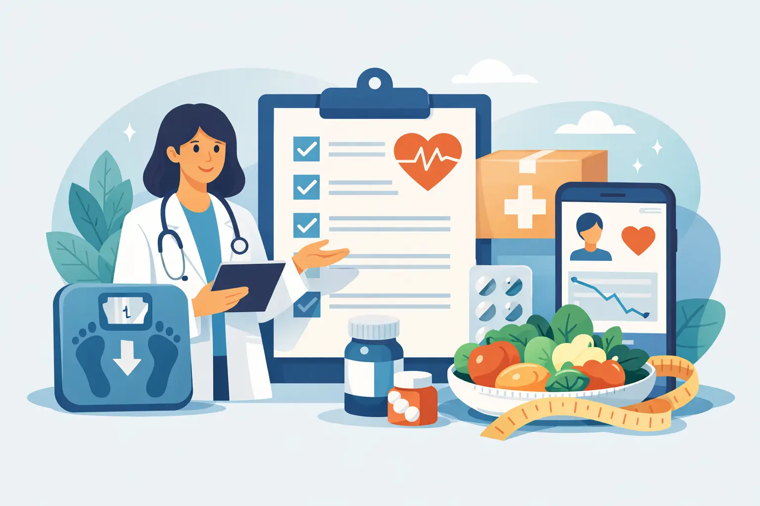 Medical weight loss subscription review: clinician with an intake checklist beside a scale, healthy meal, and discreet delivery box